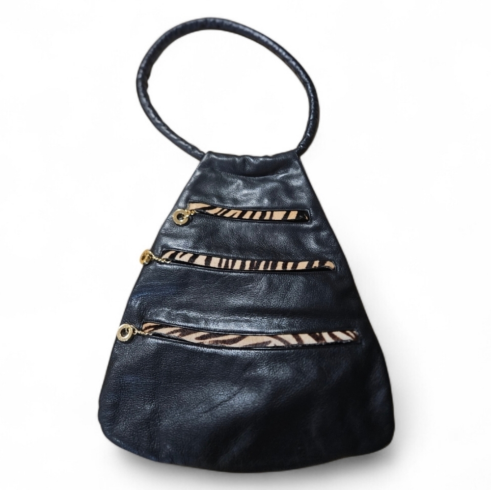 Vintage Black Leather Hobo Bag Haircalf Zebra Accent Multi Zip Shoulder Purse. - Picture 2 of 16